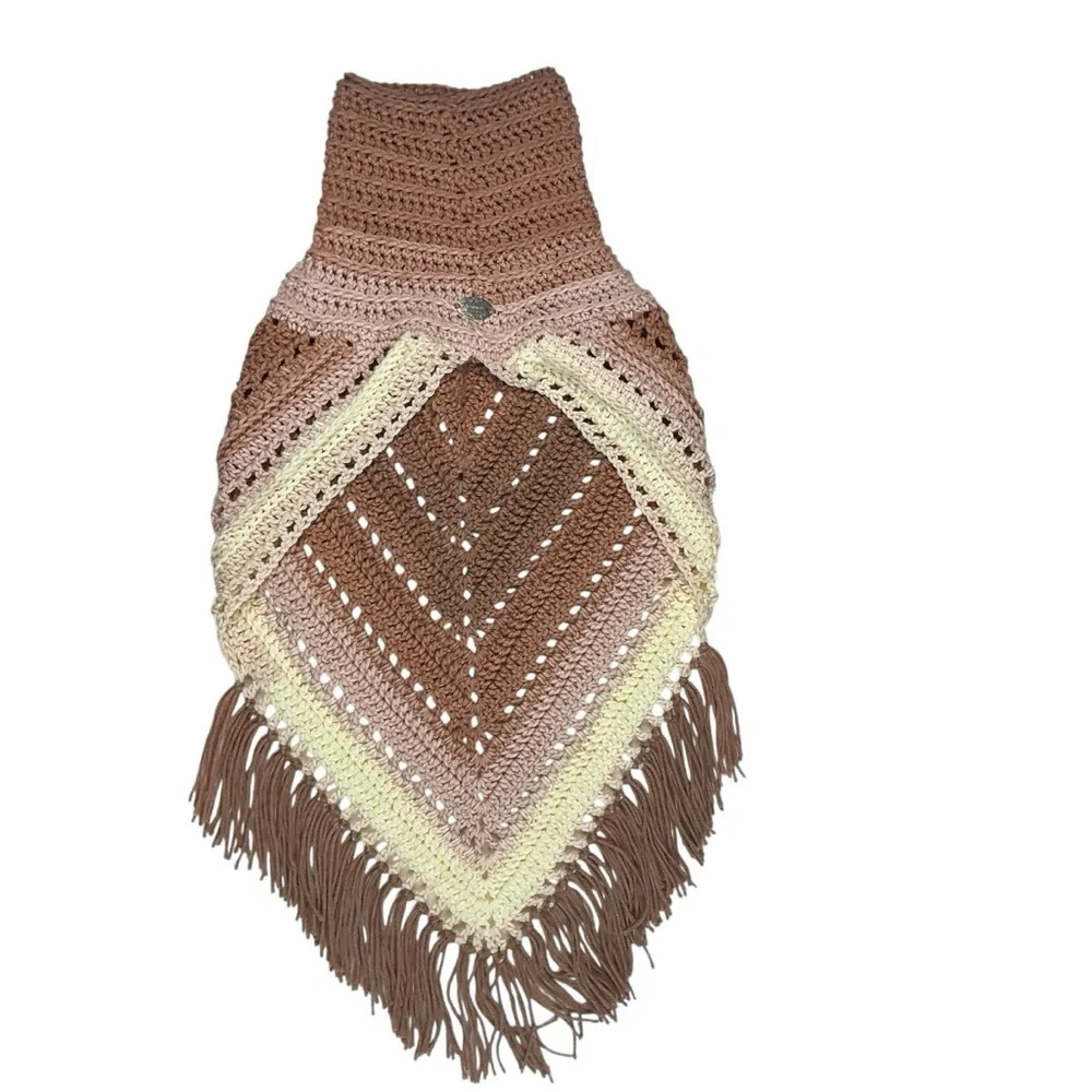 Hand Crafted‎ Crochet Turtle Neck Scarf in Beige and Cream with Fringe
